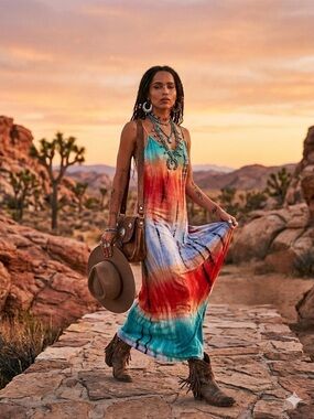 NWOT 143 Story "Boho✌🏻Canyon🌄Collection Sunset🌅Tie-Dye🌈Maxi Dress w/Pockets🤗”MED